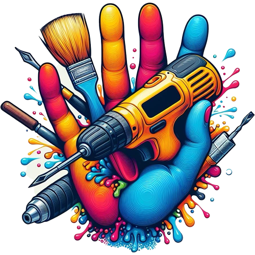 BL GESSO Logo artistico di una mano multicolore che tiene tutti gli strumenti di cartongessista